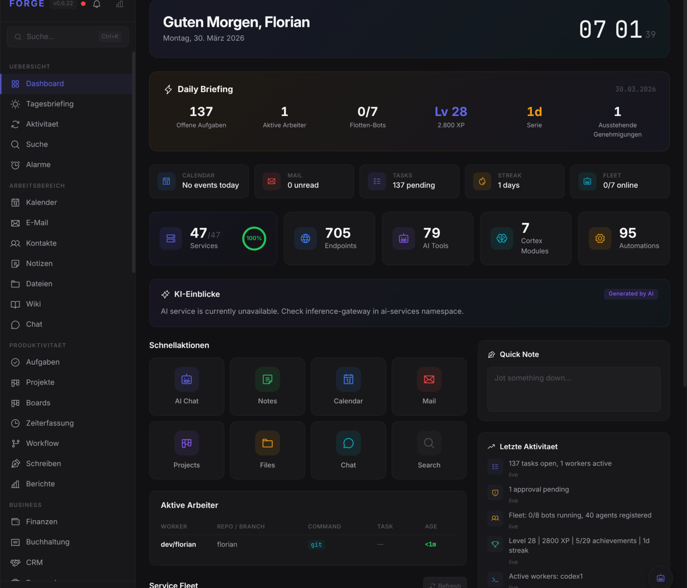 Forge Platform Dashboard showing daily briefing, service health, fleet status, and quick actions